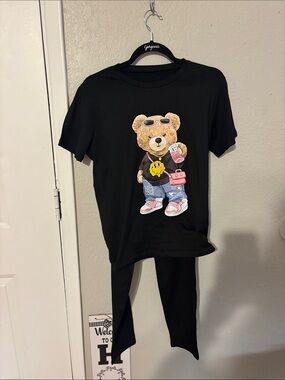 SHEIN Black Bear Graphic T-Shirt and Leggings Set